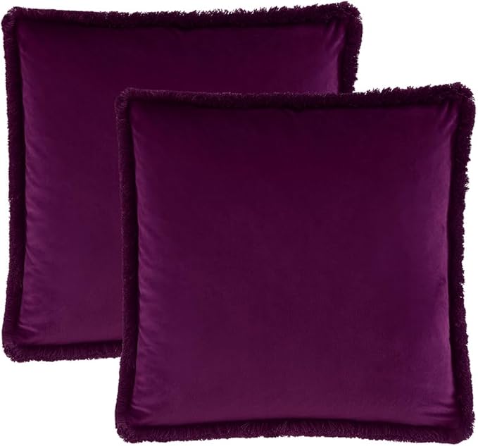 JUSPURBET Pack of 2 Eggplant Decorative Fringe Velvet Throw Pillow Covers 24x24 for Home Decor Living Room Bedroom Car Boho Soft Cushion Cover with Hidden Zipper Machine Washable