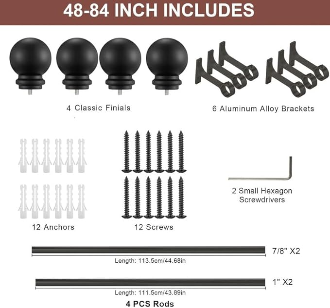 2 Pack Matte Black Curtain Rods, 48-84" Adjustable, Heavy Duty 1 Inch Diameter with Ball Finials