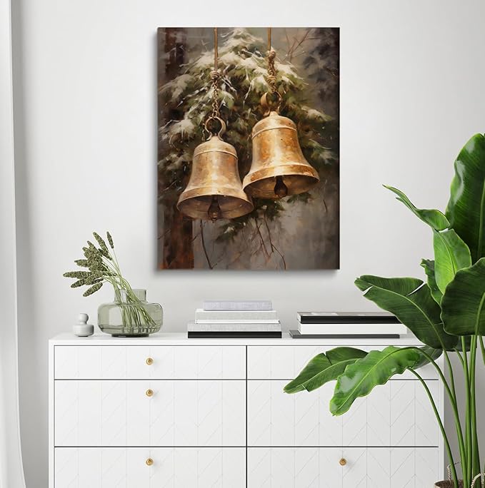 Vintage Christmas Wall Art, Brass Bells Print, Holiday Decor, Winter Print, Living Room Bedroom Dorm Decor - 12x16 Inch Framed Art