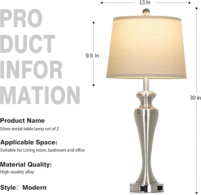 30" Silver Table Lamps Set of 2, 3-Way Dimmable Touch Living Room Lamp with USB A+C Ports and AC Outlet, Modern Brushed Nickel Bedroom Lamps, Tall Metal Bedside Lamp for Nightstand Side Table