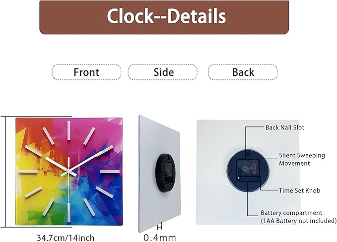 Square Glass Wall Clock Silent Analog Wall Clocks Battery Operated 12 Inch Colorful Wall Clock for Bedroom Living Room Office Classroom