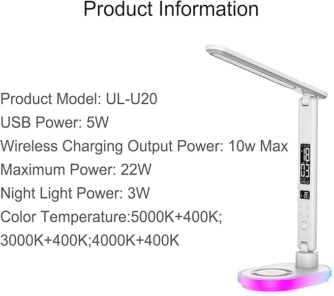 Multi Functional Table Lamp U20 White,Multifunctional Foldable Desk Lamp with Wireless Charging, Perpetual Calendar Display, Adjustable Angle, Night Light, and RGB Lighting.