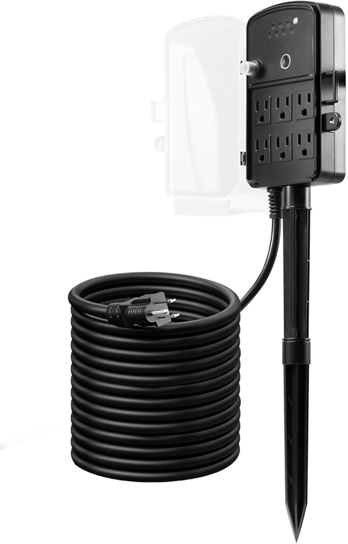 VEVOR Outdoor Power Stake Timer, 25FT Extension Cord, Remote Control Outdoor Power Strip with Cover, Dusk to Dawn Light Timer Waterproof, 6 Outlets for Halloween Christmas Lights, Garden Decorations