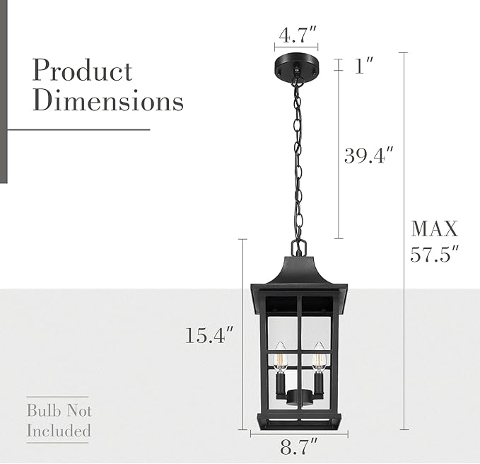 Emliviar Dusk to Dawn 2-Light Large Porch Light Outside Chandelier for Yard, 15.4" Black Hanging Lantern Light Fixture with E12 Base, Clear Glass, YXE306H-M-PC BK