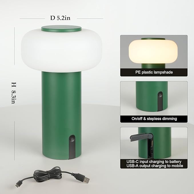Shower Lamp Waterproof, Outdoor Cordless Table Lamp Rechargeable, Portable Battery Operated Light, Touch Dimmable Night Light for Bedroom/Patio/Dinning/Camping (Green)