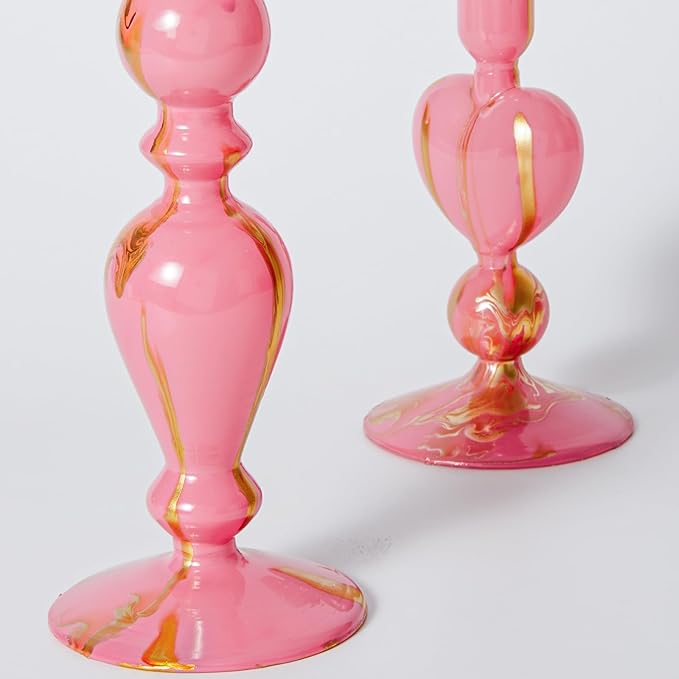 DN DECONATION Pink & Gold Glass Candle Holders Set of 2, Heart Taper Candle Holders for Valentine's Day, Candlestick Holder Wedding Decorations, Farmhouse Home Coffee Table Decor & Housewarming Gifts