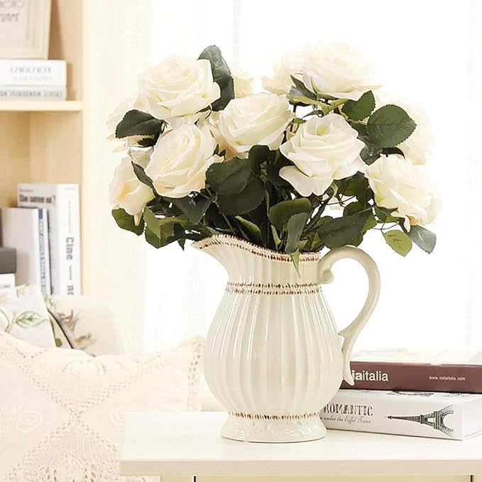 Jasion Artificial Roses 10 Heads 2.8" Flowers Arrangement Silk Bouquet for Home Office Parties Bridal Wedding Decoration (White)