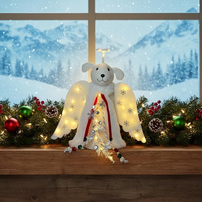 iHeartDogs Christmas Tree Topper Decoration - The Original Dog ‘Christmas Miracle’ Angel Dog Tree Topper LED Lighted Halo, Snowflake Garland & Wings Decor Ornament, Holiday Decoration