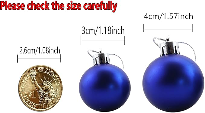 Bestjybt 24pcs 1.18" Small Christmas Ball Ornaments Shatterproof Christmas Decorations Tree Balls for Holiday Wedding Party Decoration, Tree Ornaments Hooks Included (Dark Blue, 3cm/1.18")