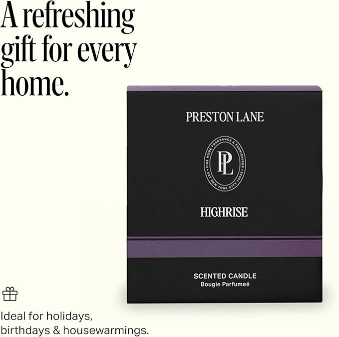 Preston Lane Luxury 3-Wick Scented Candle, Highrise, 24 oz Hand-Poured in USA | Long Burn Time (40–50 Hrs), Vegan Soy Wax Blend, Decorative Ceramic Vessel, Fine Italian Fragrance