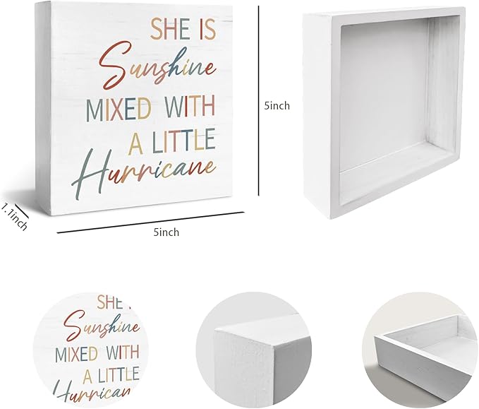 JXREQ Nursery Shelf Table Decor Baby Girls Inspirational Wood Box Sign, Girls Room Decor Playroom Bedroom, She is Sunshine Mixed with a Little Hurricane Sign Desk Decor, 5x5 Inch, White