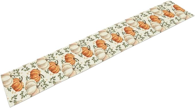 Fall Pumpkin Table Runner White Orange Vegetables Seeds Parsley Watercolor Hand-Painted Illustration Home Decor for Farmhouse Indoor Outdoor Party Holiday Dining Kitchen Restaurant Cafe W13xL90in