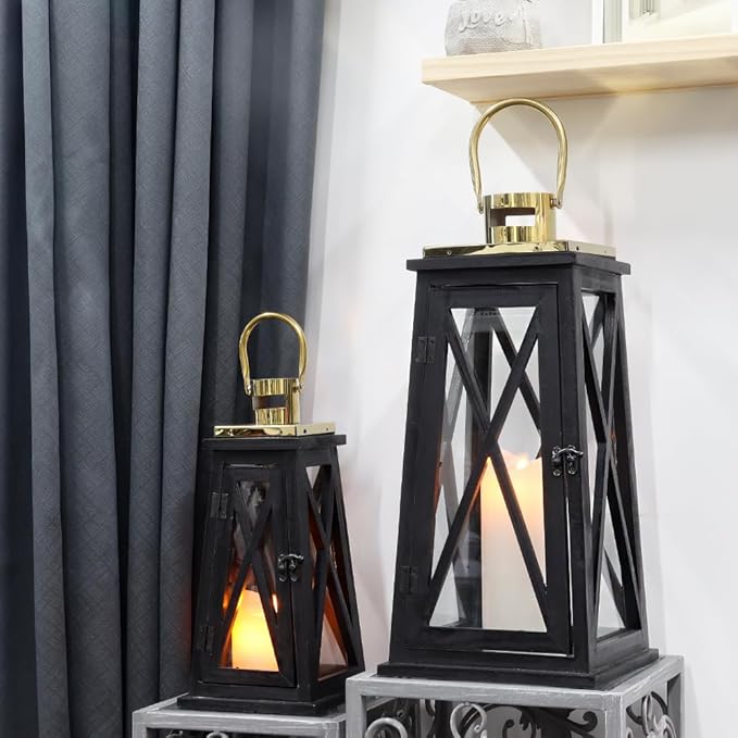 TRIROCKS Set of 2 Farmhouse Wood Candle Lantern 22'' &15.5'' H Decorative Candle Holders with Tempered Glass Rustic Hanging Lantern for Garden Patio Wedding Parties Indoor Outdoor(Black Trapezoid)