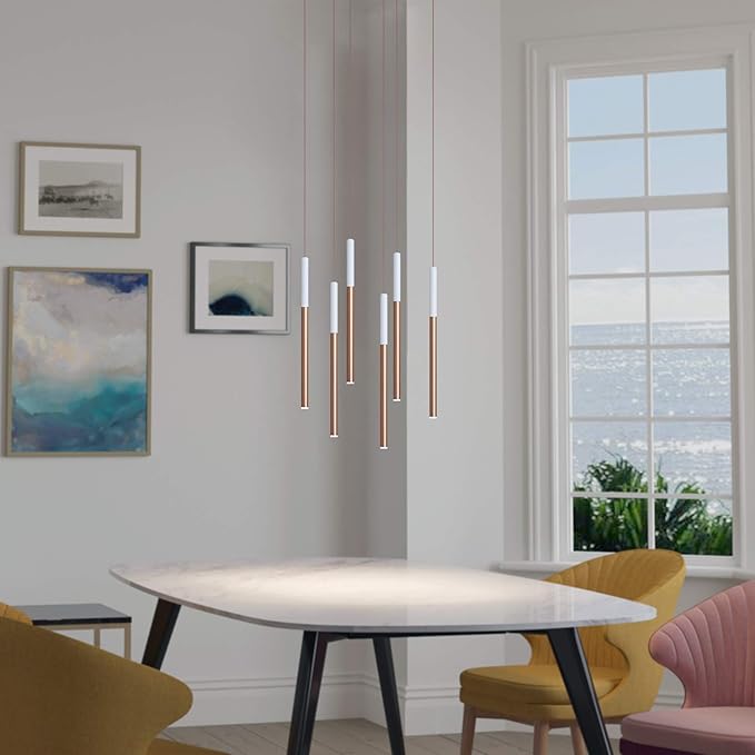 ALTAIR 6 Mini Pendant Lighting White-Copper - LED Hanging Light Fixture for Kitchen Island, Bar, Foyer - Cluster Pendants - Dimmable, Adjustable Wire, Lamp Bulb Included