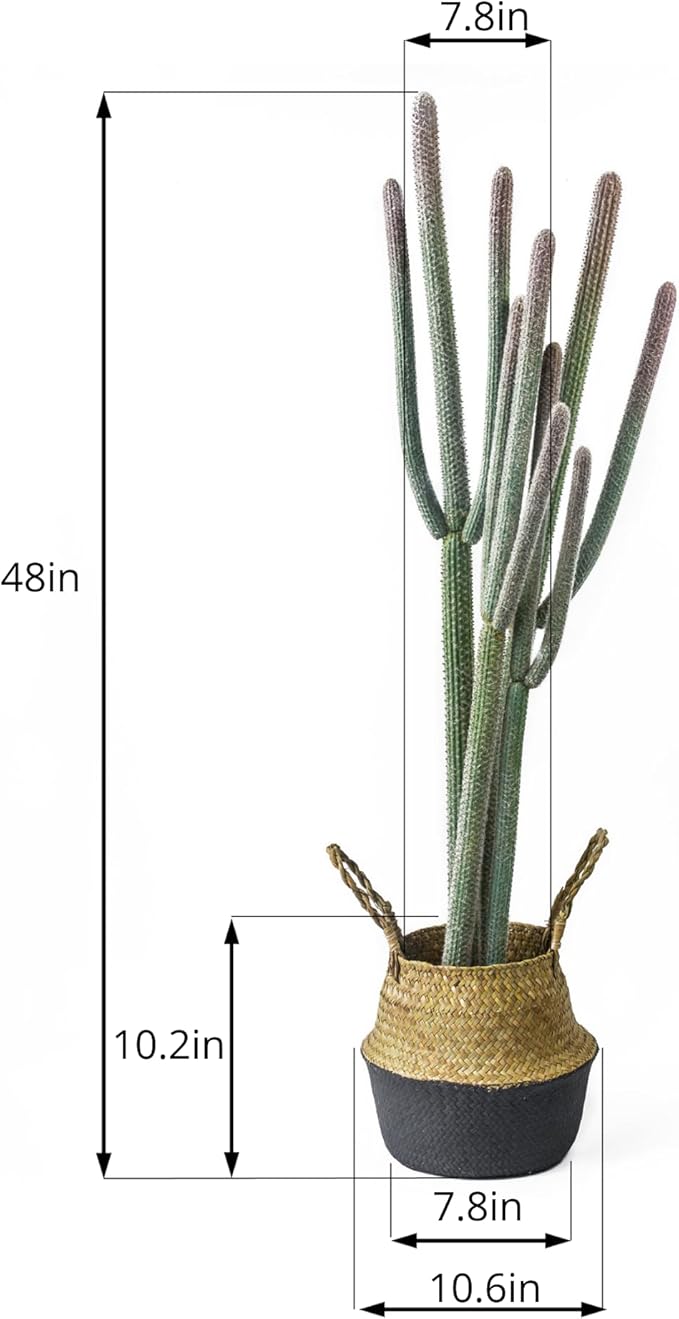 NCYP 4ft (48 Inch) Tall Artificial Cactus in Plastic Planter with Seagrass Basket - Faux Small Saguaro Cacti Potted for Home, Room, Office, Indoor Farmhouse Floor Decor, Fake Plants