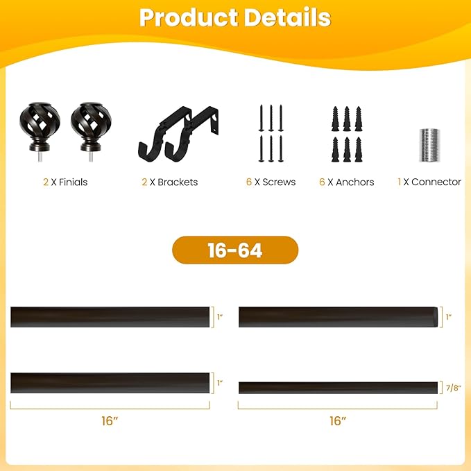 Curtain Rod for Windows 28 to 48 inches: 1 inch Diameter Heavy-duty Adjustable Decorative Curtain Rod, Bronze Boho Rustic Drapery Rods with Twisted Cage Finials for Bedroom & Living Room