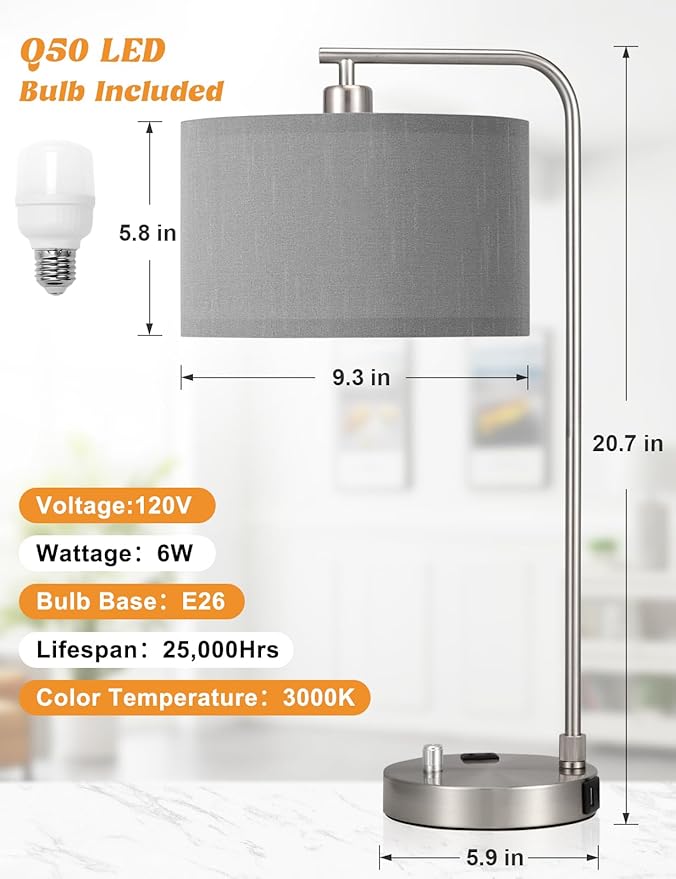 Innqoo Gray Side Table Lamp with USB Port and Outlet, Dimmable Nightstand Bedside Lamps with Linen Lampshade, Desk Lamp for Bedroom, Living Room, Guest Room, Home Office, LED Bulb Included