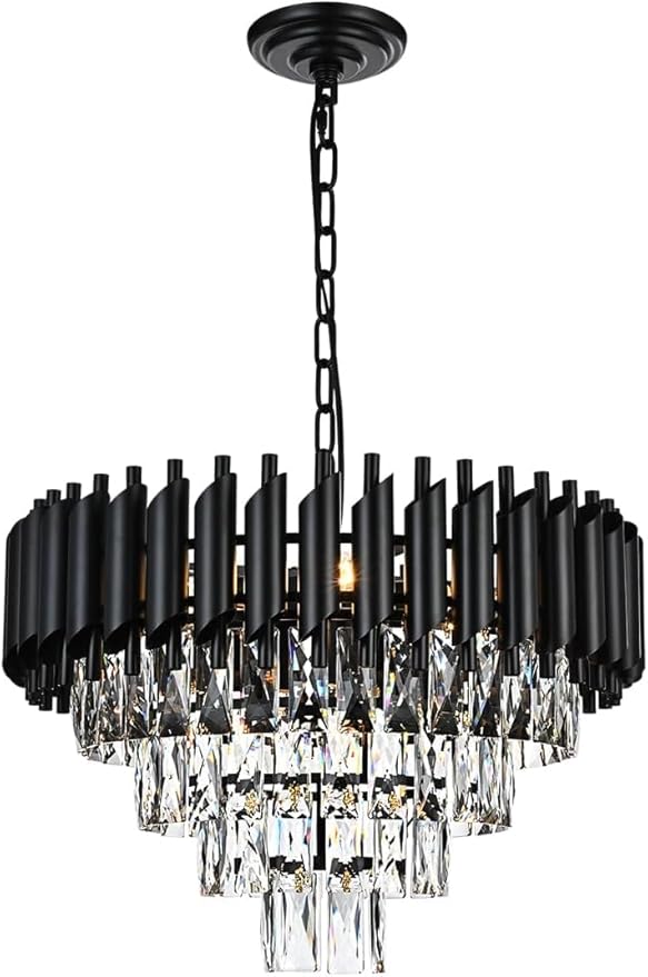 9-Light Modern Round Crystal Chandelier Lights, 4 Tiers Luxury Pendant Ceiling Light, 19.7" Crystal Chandeliers Lighting for Dining Living Room Kitchen Island Bedroom Foyer Hallway (Black)