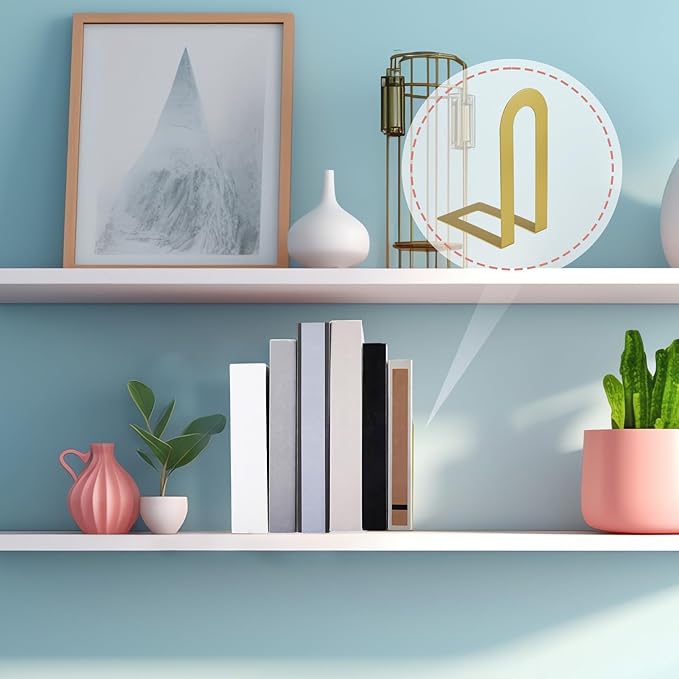 Chunful 6 Pcs Modern Metal Book Ends for Shelves Decorative Small Bookends Book Shelf Organizer Minimalist Design Stopper to Hold Books for Home Office (5.5 * 3.75 * 2.25inch,Gold)