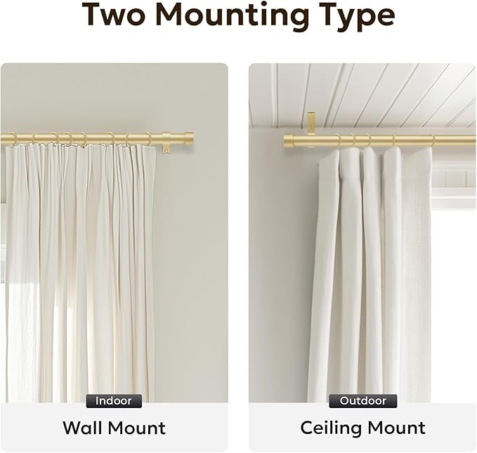 Zeerobee Curtain Rods for Windows 66 to 120, Gold Curtain Rod, Adjustable 1 Inch Heavy Duty Outdoor/Indoor Modern Drapery Pole, 32"-120"