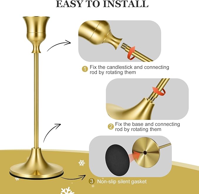 Mellotesy Taper Candle Holders Set of 3 - Tall Vintage Brass Gold Candlesticks for Dining Table, Wedding Centerpiece, and Mantel Decor