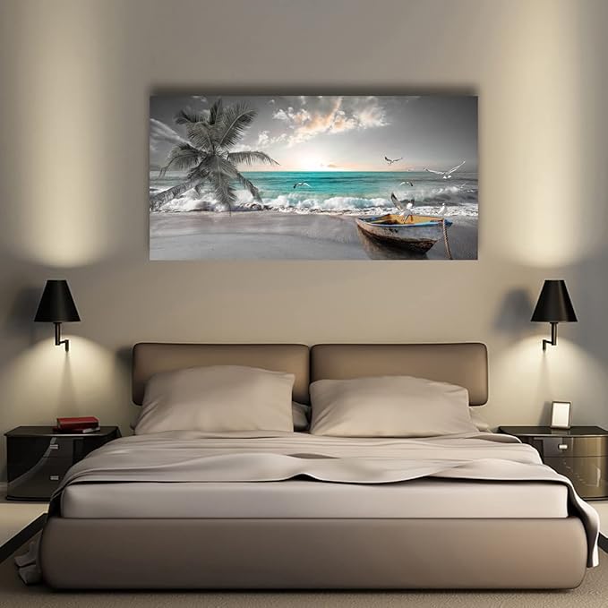 Beach Sea Wave Pictures Canvas Wall Art For Living Room Bedroom Wall Decor,Sea Wave Wall Art Print Paitnings For Home Decor,Morden Artwork Palm Boat Canvas Art Waterproof Ready To Hang-24x48 Inches
