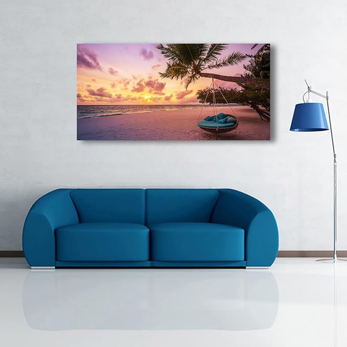 Purple Beach Palm Pictures Canvas Wall Art For Living Room Bedroom Wall Decor,Sunset Wall Art Print Paitnings For Home Decor,Morden Artwork Coconut Tree Canvas Art Ready To Hang-24x48 Inches