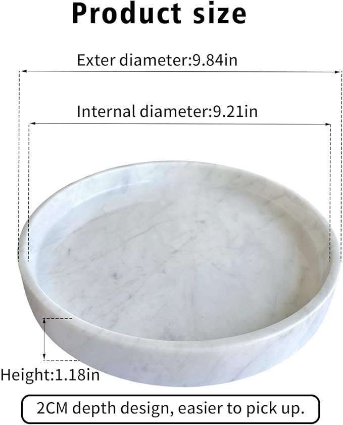 Carrara White Marble Tray Round 10 Inch, Natural Stone Perfume & Dessert Tray, Elegant Serving & Display Plate for Home, Vanity, 2 cm Deep, Non-Slip Base