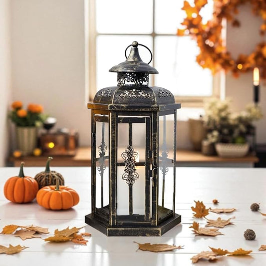 JHY DESIGN Medium Decorative Lanterns 12“H Outdoor Candle Lanterns Vintage Metal Candle Holder for Indoor Outdoor, Events, Parities and Weddings(Black with Gold Brush)