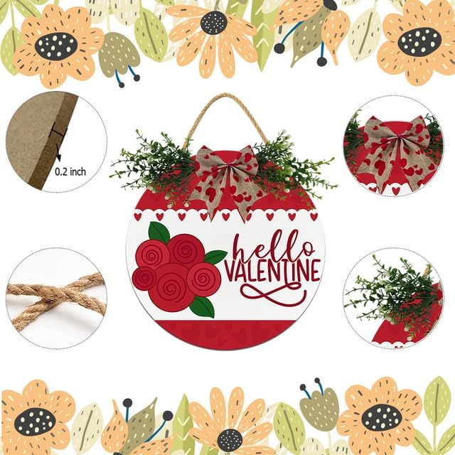 Boylee Hello Valentine Sign for Front Door Decorations, Rustic Round Wood Holiday Sign, Front Door Wreath Burlap Wooden Hanging Signs for Outdoor Farmhouse Porch Home Spring Holiday Decor