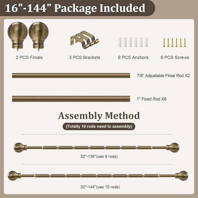 Antique Bronze Curtain Rods for Windows 72 to 144 Inch Long Brass Window Curtain Rod 1" Diameter Adjustable Heavy Duty with Metal Finials for Living Room Bedroom Farmhouse Kitchen Outdoor