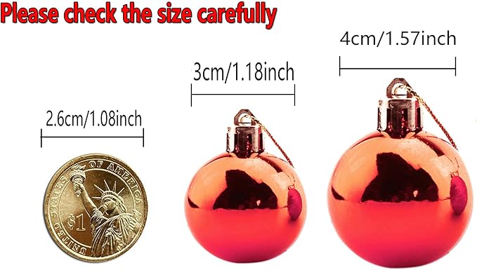 Bestjybt 24pcs 1.57" Small Christmas Ball Ornaments Shatterproof Christmas Decorations Tree Balls for Holiday Wedding Party Decoration, Tree Ornaments Hooks Included (Red, 4cm/1.57")