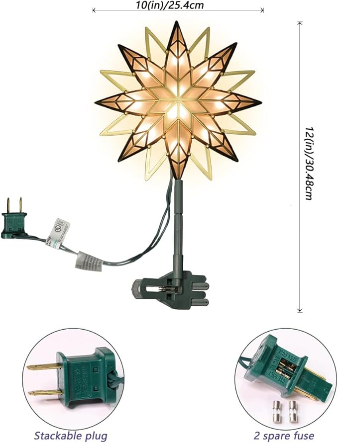 LAMPHOME 12" 10L Christmas Snowflake Tree Topper (Gold), Christmas Star Tree Light, Warm White