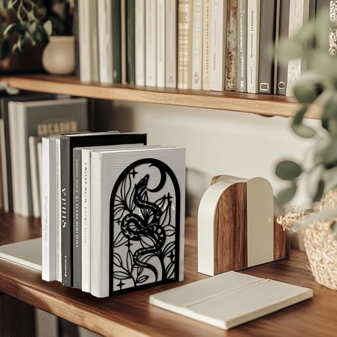 Peacoblue Metal Bookends for Shelves, Modern Decorative Heavy Duty Study Book Support Stoppers for Office, Desk, Shelf, Room 5.3"x4.3"x7.9" Cast Iron Simple Bookends, 1 Pair (Bohemia Snake and Flower)
