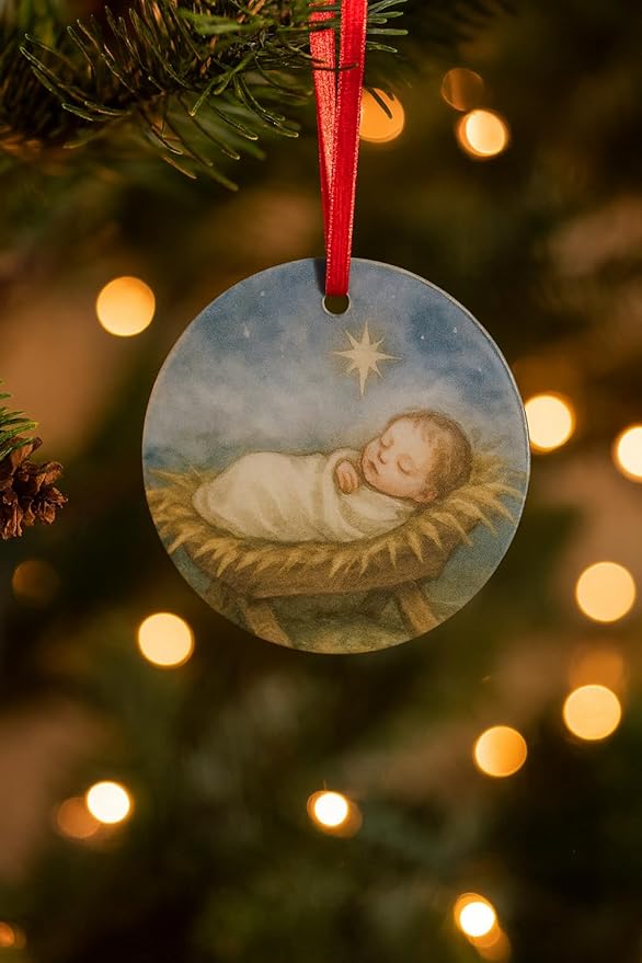 Baby Jesus Nativity Scene Acrylic Ornament - Traditional Catholic & Christian Christmas Decor, Religious Decorative Hanging Ornaments for Tree - Winter, Holiday, Baptism Gift