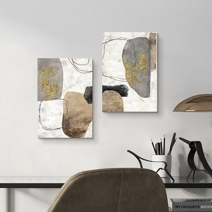 Modern Abstract Canvas Wall Art: Neutral Gray Brown Black Color Block Picture Minimalist Lines Painting Geometric Aesthetic Artwork for Bedroom Living Room Home Office 11" x 16" x 2 Panel
