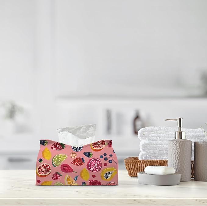 Pink Cute Fruit Tissue Box Cover Rectangle,Pink Cottagecore Strawberry Toilet Paper Box Holder,Leather Decorative Facial Paper Case for Living Room Bathroom Kitchen Office Desk,9.8x5.9x5.9In