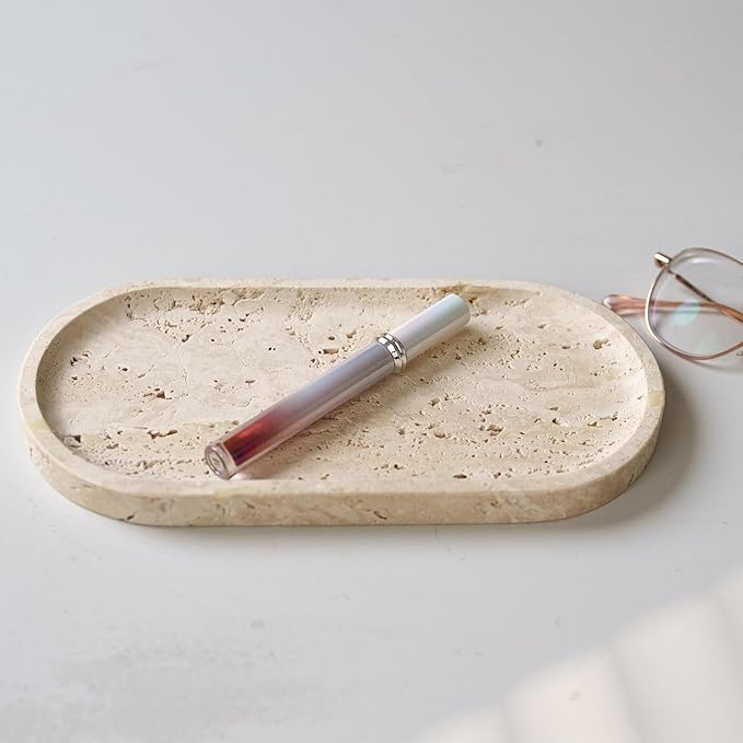 Beige Travertine Vanity Tray | Natural Stone Bathroom Organizer | Perfume & Jewelry Storage for Spa, Bedroom, Kitchen | Non-Slip Waterproof Design,9.8"x4.7"x0.6"