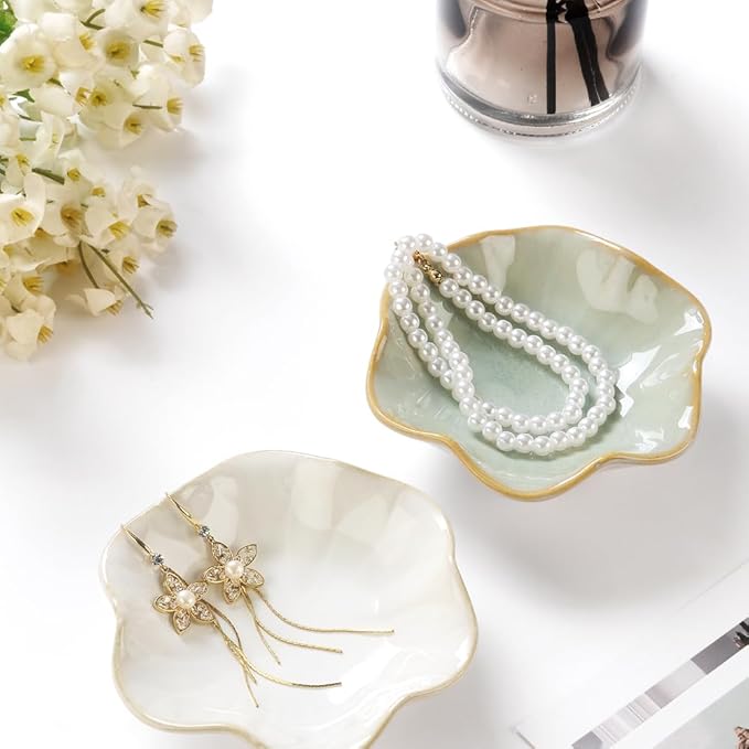 2PCS Lotus Leaf Shape Ring Holder Dish, Small Key Bowl, Ceramic Trinket Tray Jewelry Dish Organizing Necklace Earrings for Mom Friend Sister, All Jewelries Are NOT Included, Light Green.…
