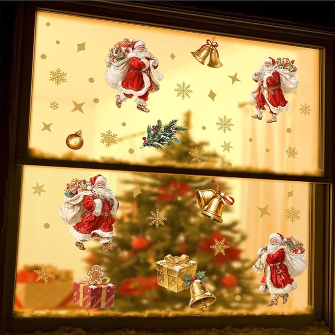Vintage Santa Claus Christmas Wall Decals | Peel and Stick Retro Holiday Decorations – Removable Gold Snowflake & Gift Vinyl Stickers for Walls, Windows, Office, and Seasonal Décor