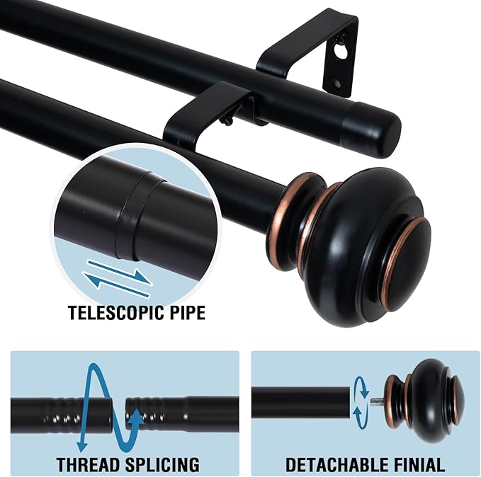 H.VERSAILTEX Double Curtain Rods for Windows 16.2 to 43.8 Inches, 3/4 inch Diameter, Adjustable, Decorative, Telescoping, Black, Wrought Iron, Matte Finish