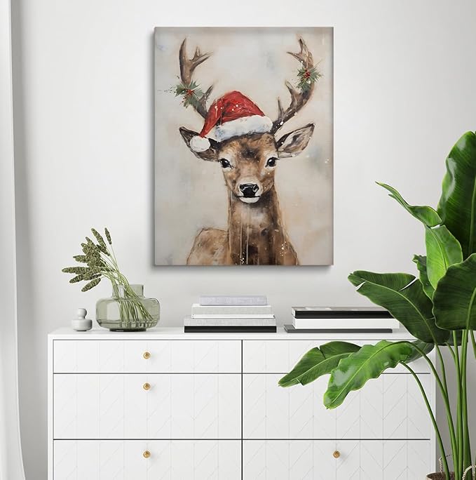 Christmas Reindeer Wall Art-Reindeer In Santa Hat Poster,Deer Painting,Christmas Reindeer Poster, Reindeer Still Life Painting, Vintage Holiday Art, Winter Farmhouse Decor12x16inch Unframed