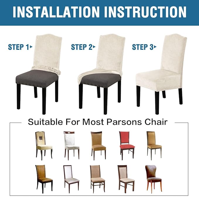 H.VERSAILTEX Velvet Dining Chair Covers Stretch Chair Covers for Dining Room Set of 2 Parson Chair Slipcovers Chair Protectors Covers Dining, Soft Thick Solid Velvet Fabric Washable, Ivory Striped