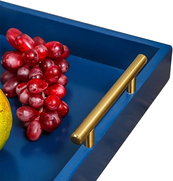Serving Tray 16.5“X 13“Deluxe Wooden Ottoman Tray for Coffee Table with Polished Goldr Metal Handles and 4 Coasters, Living Room Bathroom Coffee Bar Organizer Modern Decorative Blue