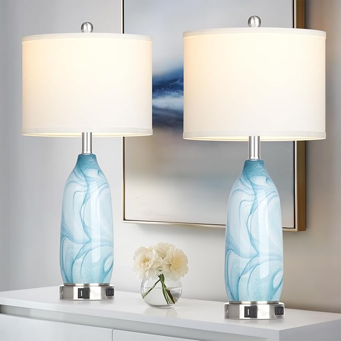 26" Coastal Glass Table Lamps Set of 2, Touch Control Bedside Lamp with USB A+C Ports and AC Outlet, Blue Lamp with Night Light for Nightstand Living Room Bedroom, 2 LED Bulbs Included