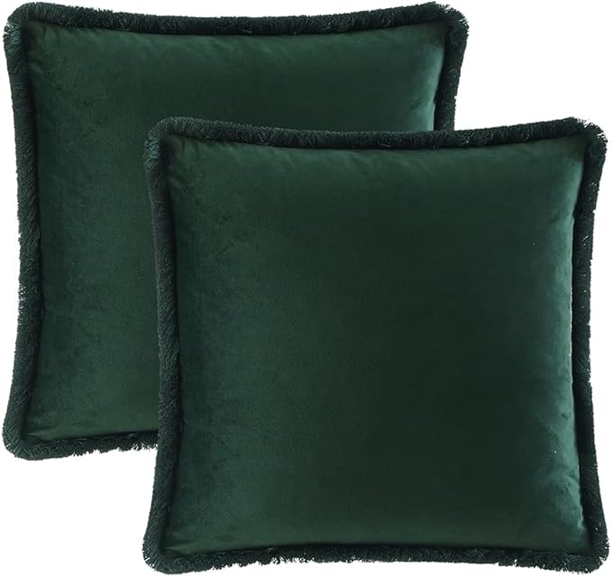 JUSPURBET Pack of 2 Military Green Decorative Fringe Velvet Throw Pillow Covers 20x20 for Home Decor Living Room Bedroom Car Boho Soft Cushion Cover with Hidden Zipper Machine Washable
