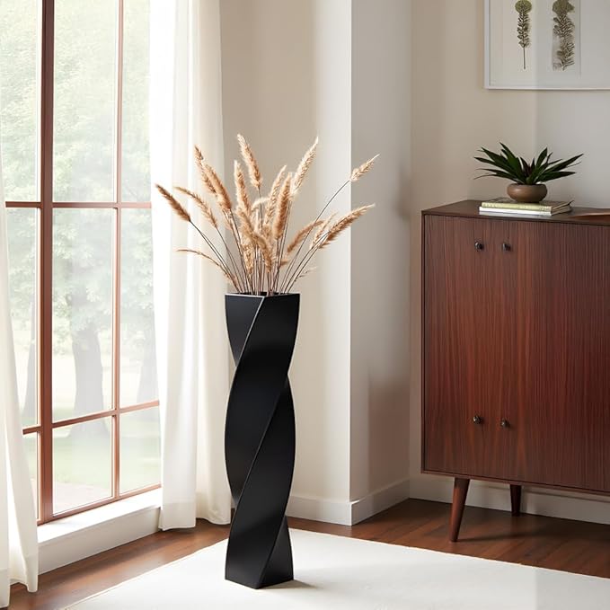 Tall Black Resin Floor Vase - 23.6 Inch Modern Square Twist Vases for Home Decor, Large Decorative Vase for Dried Flowers, Pampas Grass, Centerpiece - Matte Finish