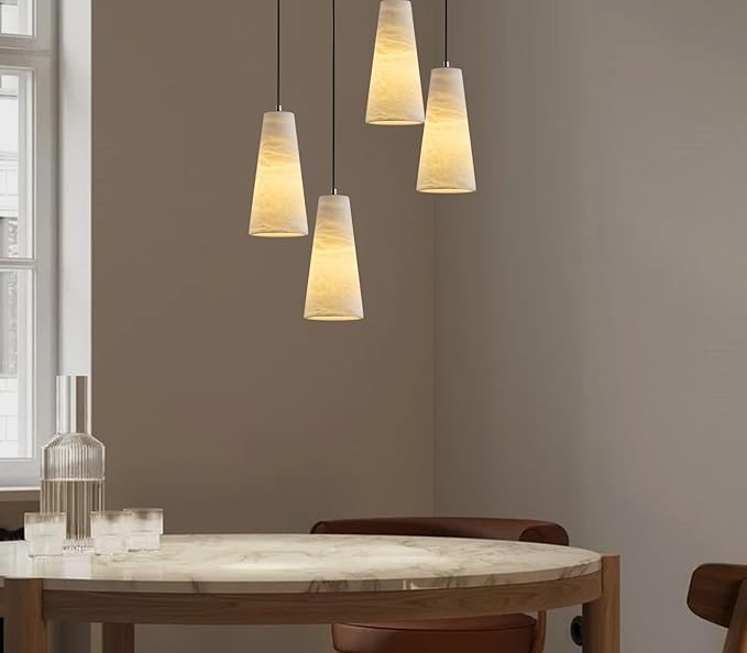 Alabaster Pendant Lights Kitchen Island,White Pendant Light Set of 2, Marble Shade Brass Cone Lighting Fixtures for Bedroom Bathroom Dining Room Living Room H-10in (Bulbs INCL)