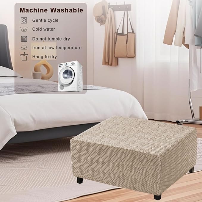 Square Ottoman Cover Large Stretch Storage Ottoman Bench Covers Slipcovers Cube Jacquard Covers for Square Ottomans Coffee Table Footrest Stool Cover with Elastic Bottom S Khaki