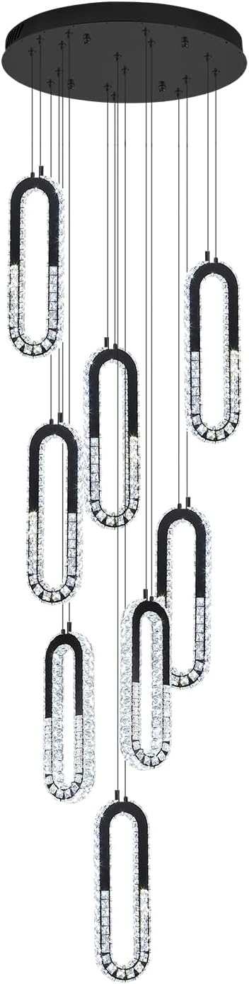 8 Rings Crystal Chandelier,H 118" Modern Black Pendant Light Luxury Foyer Lighting Fixture High Ceiling Chandelier for Entryway,Staircase,Living Room,Villa LED Dimmable 2700K-6000K